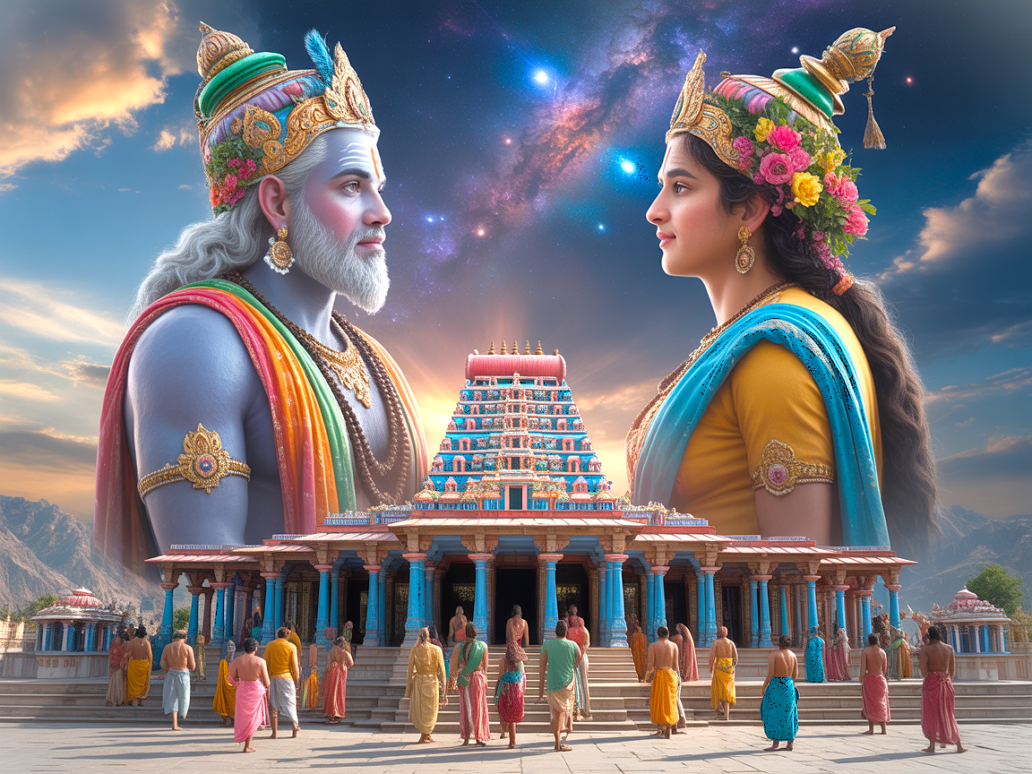  “Devotees gather at vibrant Pushkar Brahma Temple in Rajasthan, India, set between Jaipur and Agra, on the way to the Taj Mahal, admiring ornate blue pillars and red sandstone domes.”