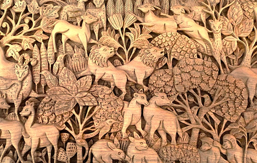 Intricate animal-themed walnut wood art at Chakau Arts Emporium in Srinagar, Jammu and Kashmir, a craft hub near saffron fields, Aru Valley, and Betaab Valley.