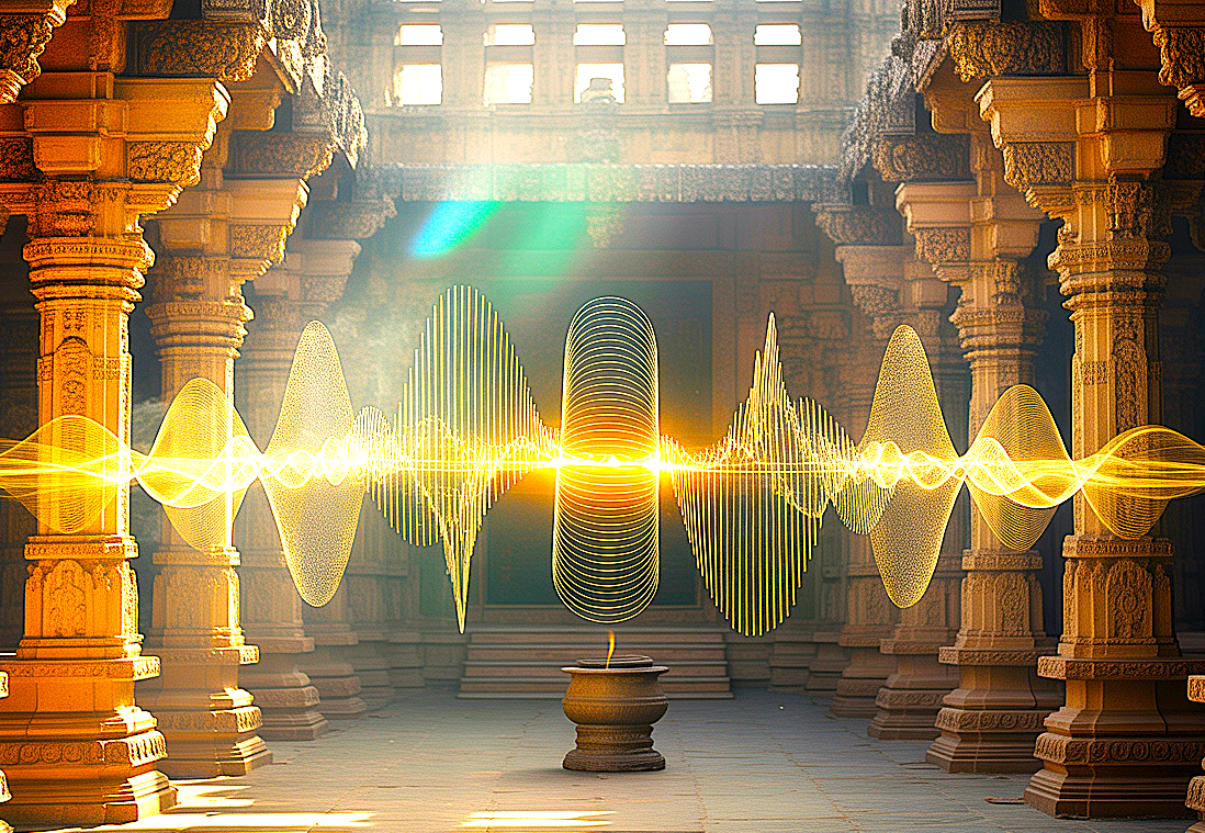 Intricately carved temple pillars of Mysore Chamundi Hills merge with luminous digital sound wave art, highlighting tradition and technology at Karnataka cultural landmark in India.
