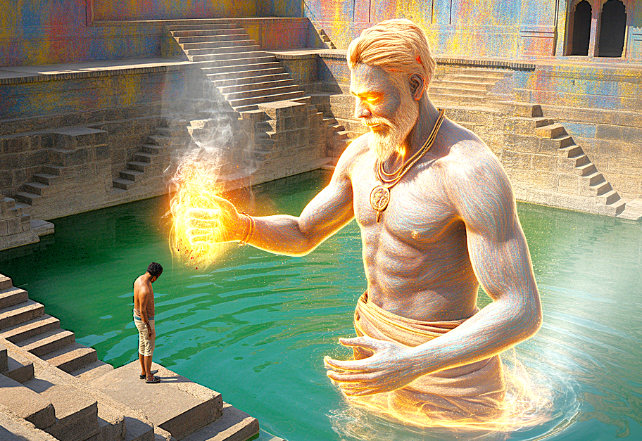 Digital art of a guardian spirit at Chand Baori Step well in Abernani, Rajasthan, India, near Jaipur and UNESCO sites like the Taj Mahal in Agra.