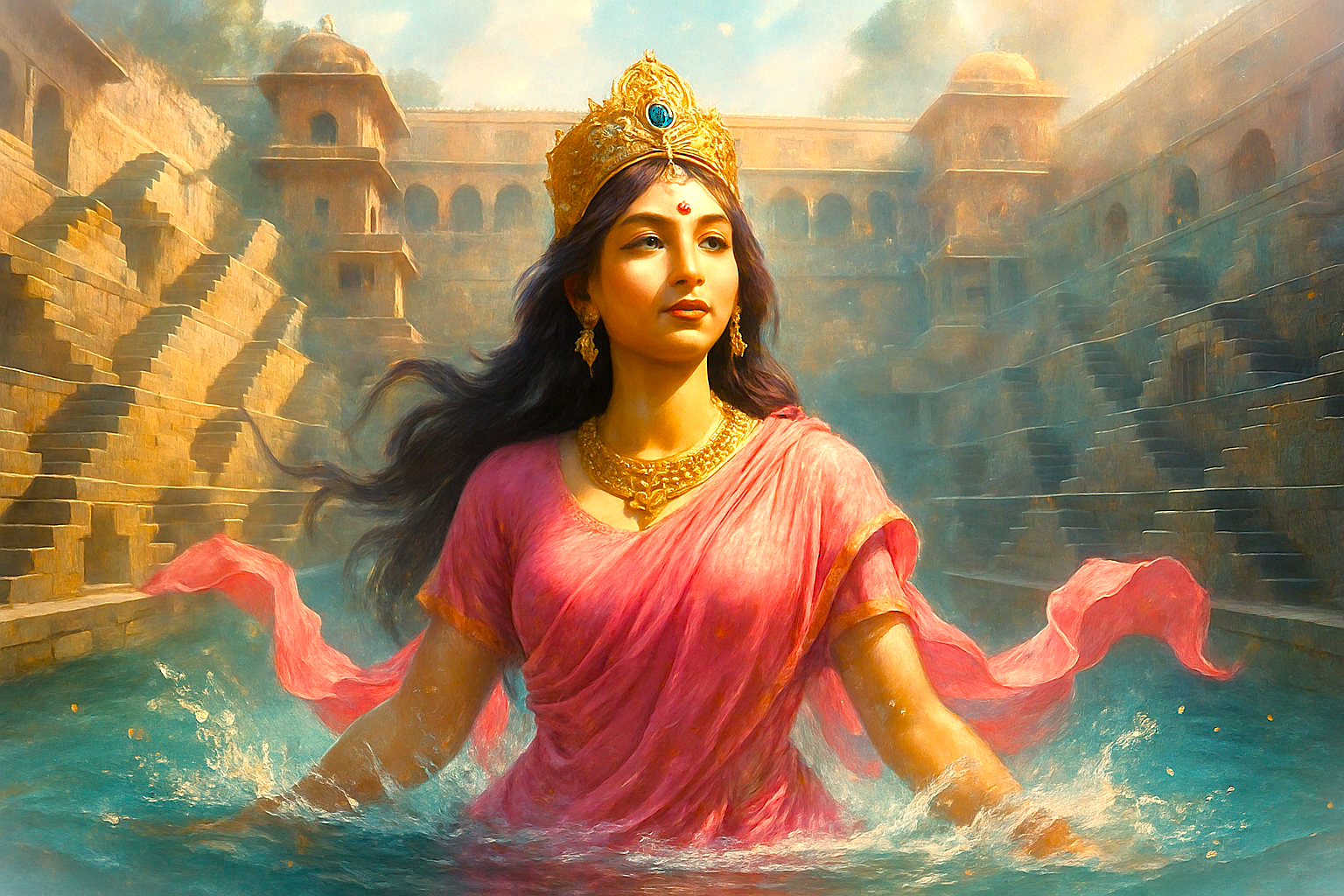 Ancient Chand Baori Stepwell Abhaneri in Rajasthan, India, located between Jaipur and Agra on the way to the Taj Mahal, showcases symmetrical stone steps, reflecting cultural heritage and water architecture.