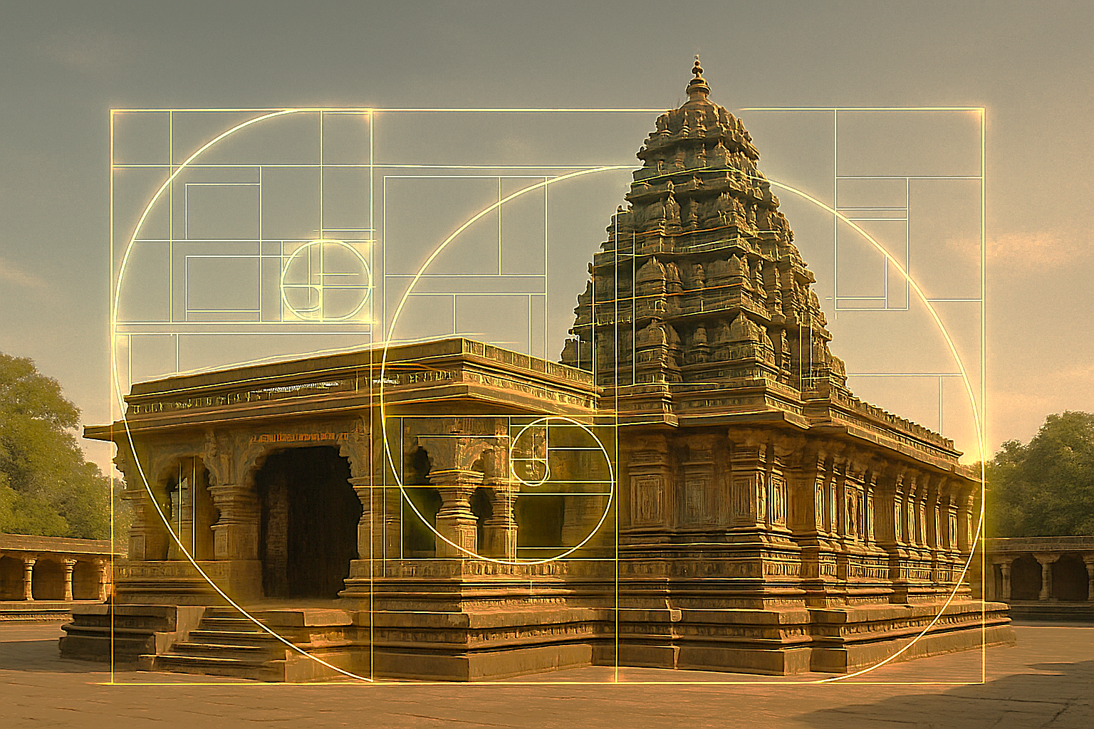 Sacred geometry's golden ratio spiral overlaid on the Chandramouli Temple in Hubli, Karnataka, India, near Agadi Thota Village on the way to Old Goa Unesco churches. Sacred geometry's golden ratio spiral overlaid on the Chandramouli Temple in Hubli, Karnataka, India, near Agadi Thota Village on the way to Old Goa Unesco churches.