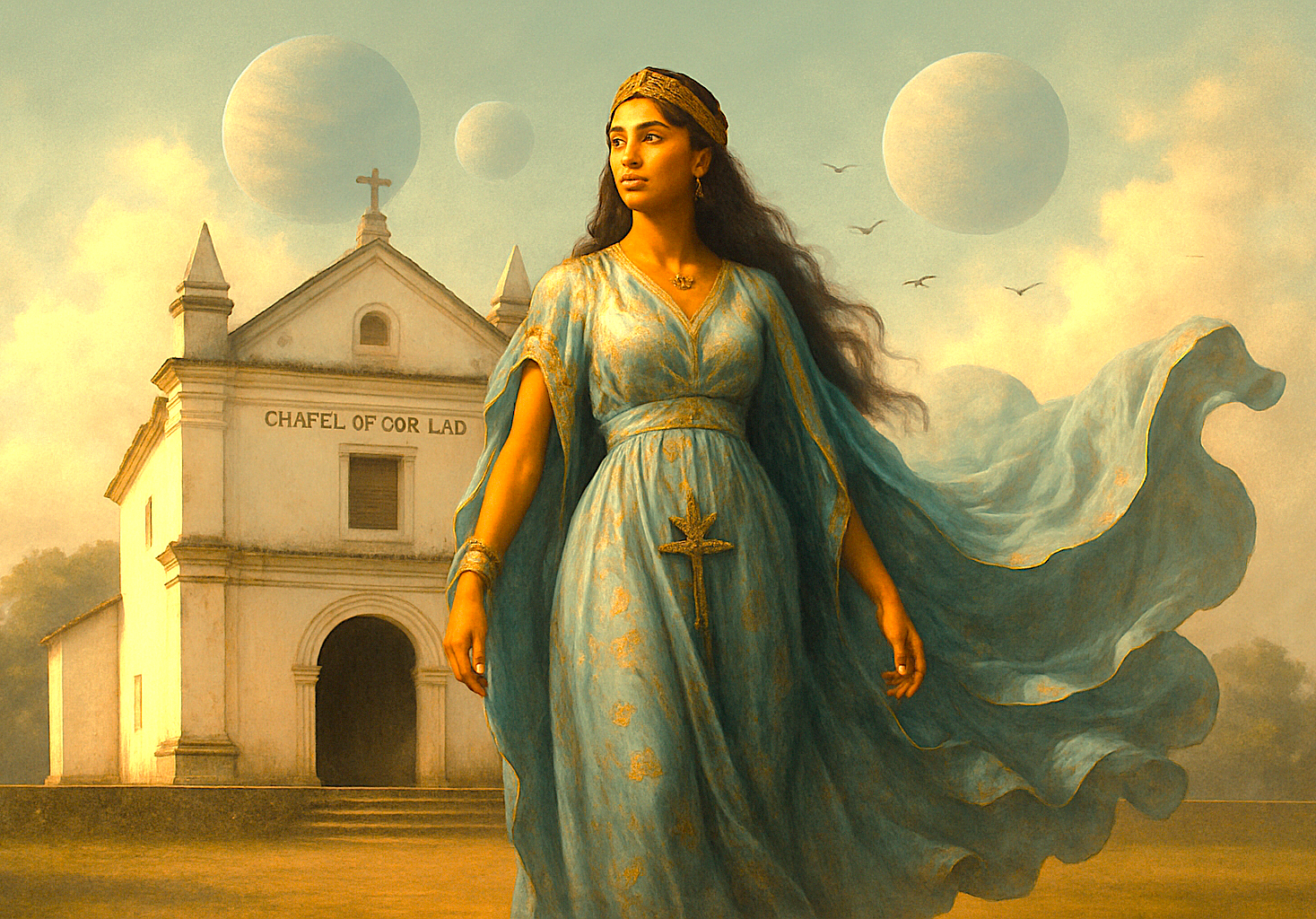 An artistic AI depiction of Our Lady in Goa, India, set near a chapel like the Church of Our Lady of the Rosary in UNESCO Old Goa, a heritage area close to the Bom Jesus Basilica and Anjuna Beach. An artistic AI depiction of Our Lady in Goa, India, set near a chapel like the Church of Our Lady of the Rosary in UNESCO Old Goa, a heritage area close to the Bom Jesus Basilica and Anjuna Beach.