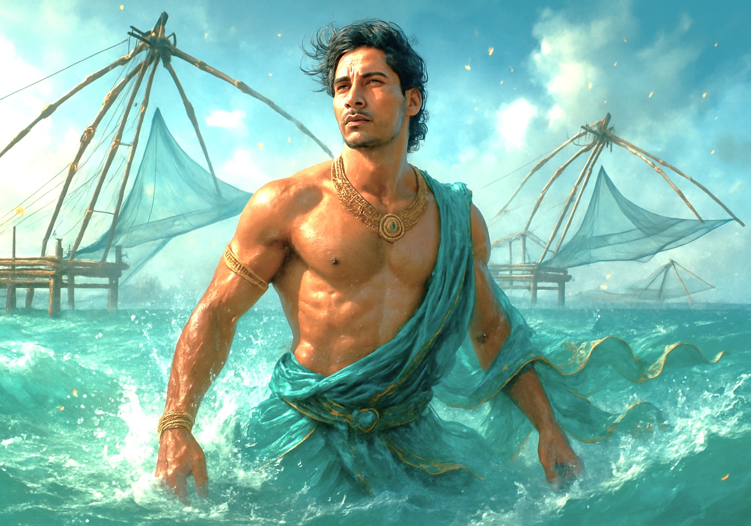 Varuna, the modern sea god, rises majestically from turquoise waters beside Kochi’s Chinese Fishing Nets on the Kerala shoreline in South India, showcasing divine power against a serene coastal backdrop. Varuna, the modern sea god, rises majestically from turquoise waters beside Kochi’s Chinese Fishing Nets on the Kerala shoreline in South India, showcasing divine power against a serene coastal backdrop.