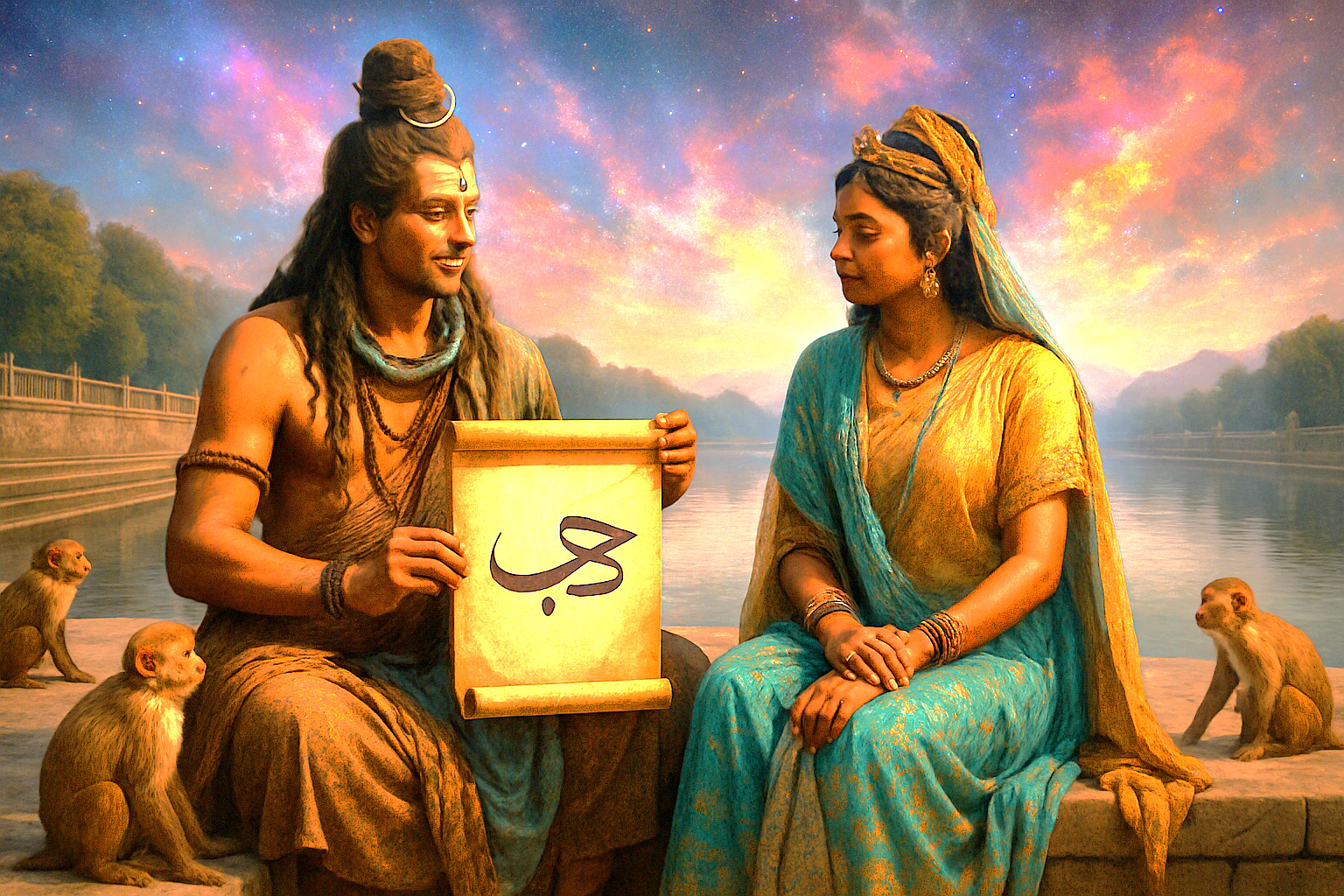 Artistic representation of Hindu deities Lord Shiva and Goddess Durga, who are revered near Chinar Bagh Ghat, a spiritual site in Srinagar, Jammu and Kashmir, India.