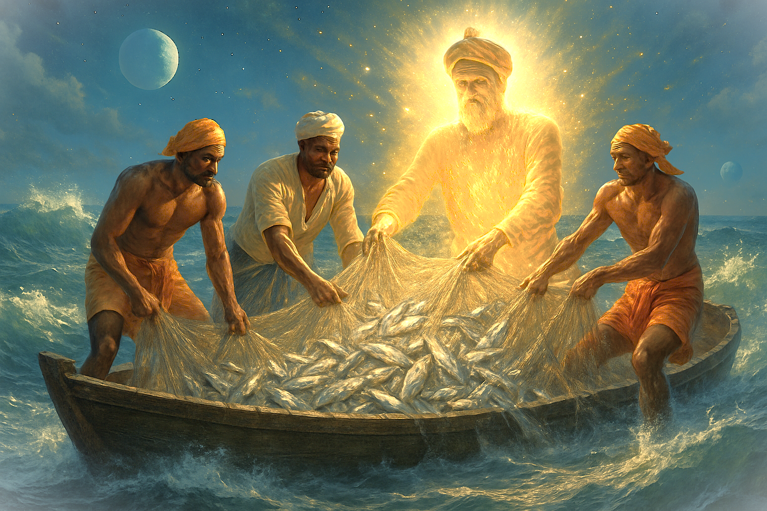 A fantasy illustration of a benevolent spirit helping fishermen, depicting a local legend from Mumbai, Maharashtra, India—part of the folklore near landmarks like Dhobi Ghat and the UNESCO Elephanta Caves.