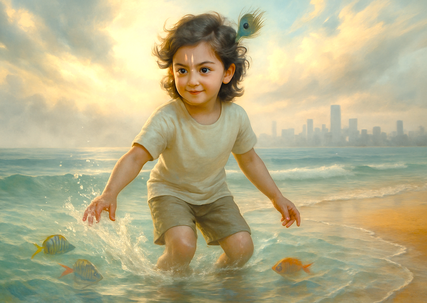 Young boy joyfully splashing among colorful fish in turquoise waters at Chowpatty Beach in Mumbai, Mahapradesh, India, framed by a glowing sky and distant urban skyline, inviting vibrant seaside adventure.