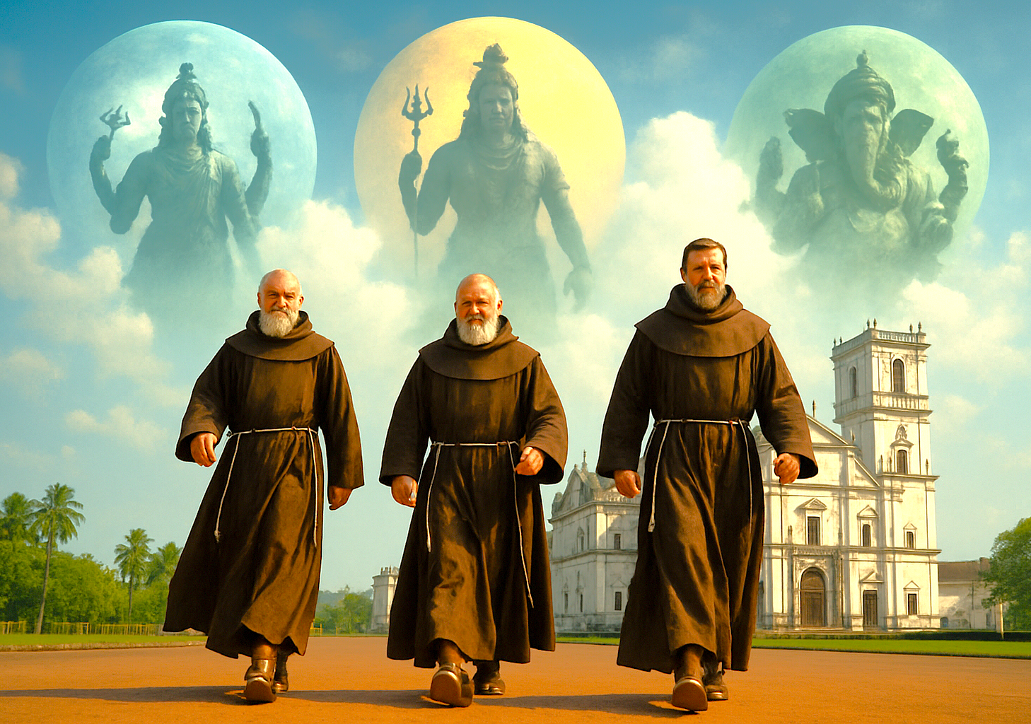 A surreal artwork shows Christian monks walking in Old Goa, India, with a Unesco church and Hindu deities, a fantasy image near the Church of Saint Augustine. A surreal artwork shows Christian monks walking in Old Goa, India, with a Unesco church and Hindu deities, a fantasy image near the Church of Saint Augustine.