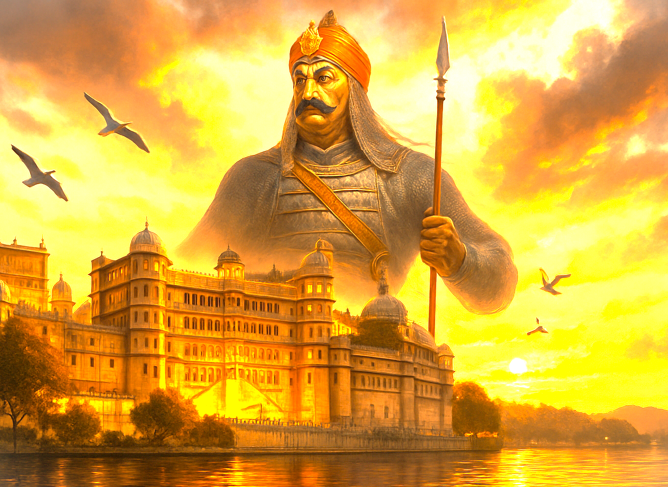 Maharana Pratap warrior statue dramatically oversees City Palace Udaipur, Rajasthan, India, at sunset. This iconic blend of heritage, architecture, and lake beauty captures India's royal grandeur and historical spirit. Maharana Pratap warrior statue dramatically oversees City Palace Udaipur, Rajasthan, India, at sunset. This iconic blend of heritage, architecture, and lake beauty captures India's royal grandeur and historical spirit.