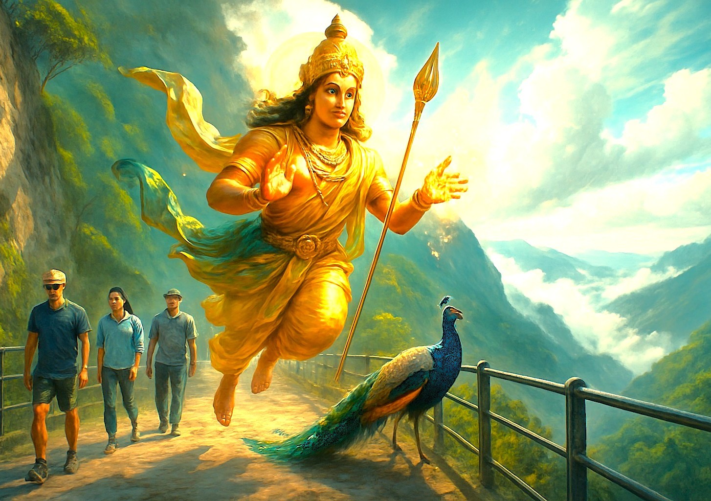 A mystical artwork portraying the spiritual relationship between Lord Murugan and visitors at Coaker's Walk in Kodaikanal, Tamil Nadu, a popular stop for tourists in India exploring from Madurai and Meenakshi Temple to Munnar, near the Unesco Western Ghats.
