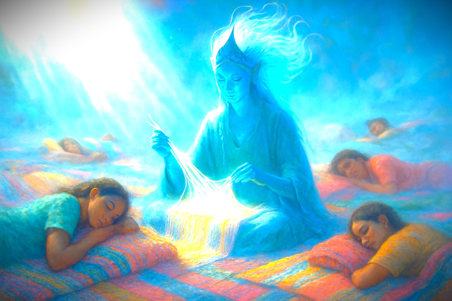 A mythical artwork of a celestial weaver spinning dreams, inspired by the famous textile industry of Coimbatore in Tamil Nadu, India. The city's Town Hall Markets, a hub for tourists from Kodaikanal and Ooty, showcase this rich heritage with vibrant fabrics. A mythical artwork of a celestial weaver spinning dreams, inspired by the famous textile industry of Coimbatore in Tamil Nadu, India. The city's Town Hall Markets, a hub for tourists from Kodaikanal and Ooty, showcase this rich heritage with vibrant fabrics.