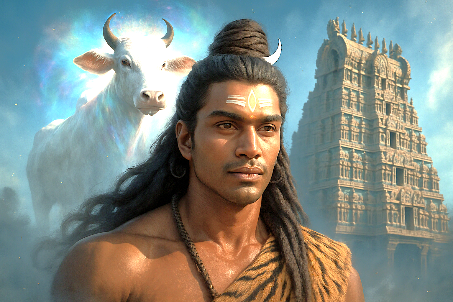 “Divine Shiva portrait with sacred white cow before ancient Dravidian temple tower in Coimbatore, Tamil Nadu, India, showcasing South Indian mythology, spirituality, architecture, cultural heritage.”  “Divine Shiva portrait with sacred white cow before ancient Dravidian temple tower in Coimbatore, Tamil Nadu, India, showcasing South Indian mythology, spirituality, architecture, cultural heritage.”