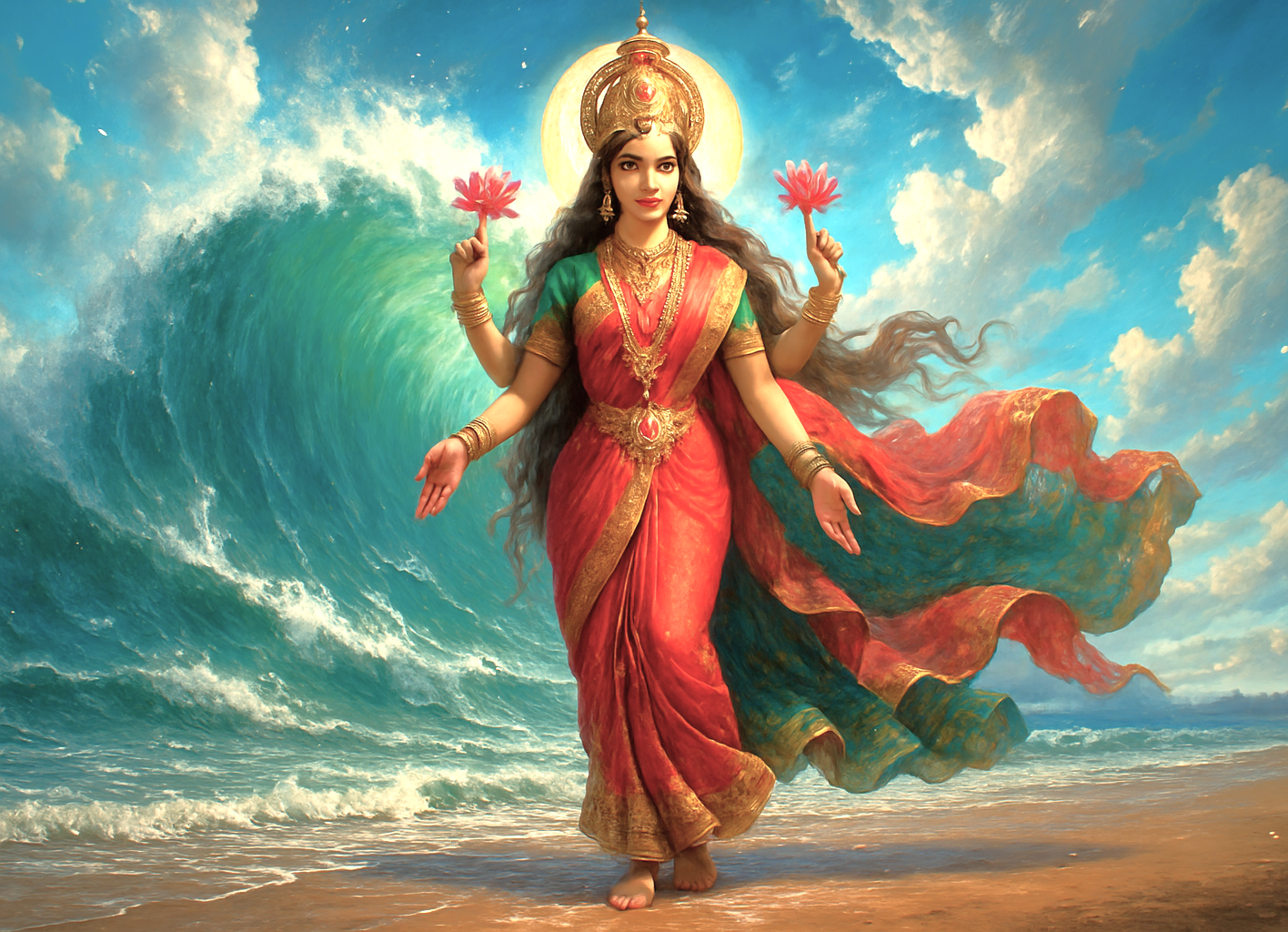 Divine goddess-like figure adorned with gold jewelry and lotus flowers in Indian attire stands on a serene beach at Colaba Causeway, Mumbai, India, evoking spirituality, mythology, and coastal beauty Mahapradesh. Divine goddess-like figure adorned with gold jewelry and lotus flowers in Indian attire stands on a serene beach at Colaba Causeway, Mumbai, India, evoking spirituality, mythology, and coastal beauty Mahapradesh.