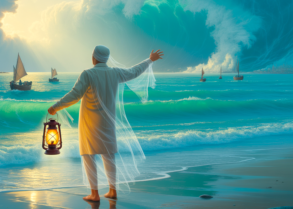 The Ghost of the Old Lighthouse in Mumbai, India, glows atop Colaba Causeway shores in Mahapradesh, guiding fishermen toward safety with a radiant lantern, mist, turquoise waves, and hopeful light. The Ghost of the Old Lighthouse in Mumbai, India, glows atop Colaba Causeway shores in Mahapradesh, guiding fishermen toward safety with a radiant lantern, mist, turquoise waves, and hopeful light.