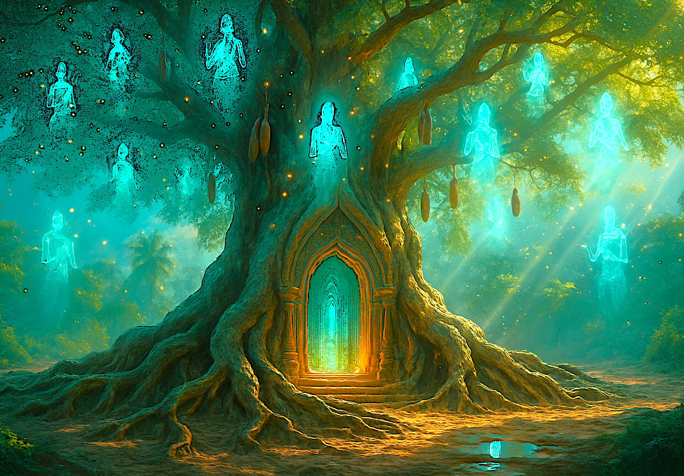 Ancient tamarind gateway beckons culinary explorers in India cooking classes into a mystical story world, where sacred spirits guide through spiritual flavors and forest secrets. Ancient tamarind gateway beckons culinary explorers in India cooking classes into a mystical story world, where sacred spirits guide through spiritual flavors and forest secrets.