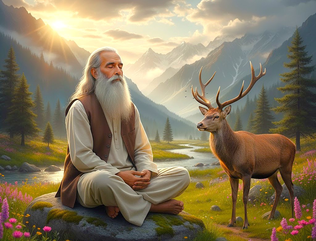 A sage with a Hangul stag in Dachigam National Park, which includes a Jeep Safari, near Kashmir-Srinagar (a UNESCO city of arts), embodies the Himalayas' spirit near Shankaracharya Hill or Sinthan Top. A sage with a Hangul stag in Dachigam National Park, which includes a Jeep Safari, near Kashmir-Srinagar (a UNESCO city of arts), embodies the Himalayas' spirit near Shankaracharya Hill or Sinthan Top.
