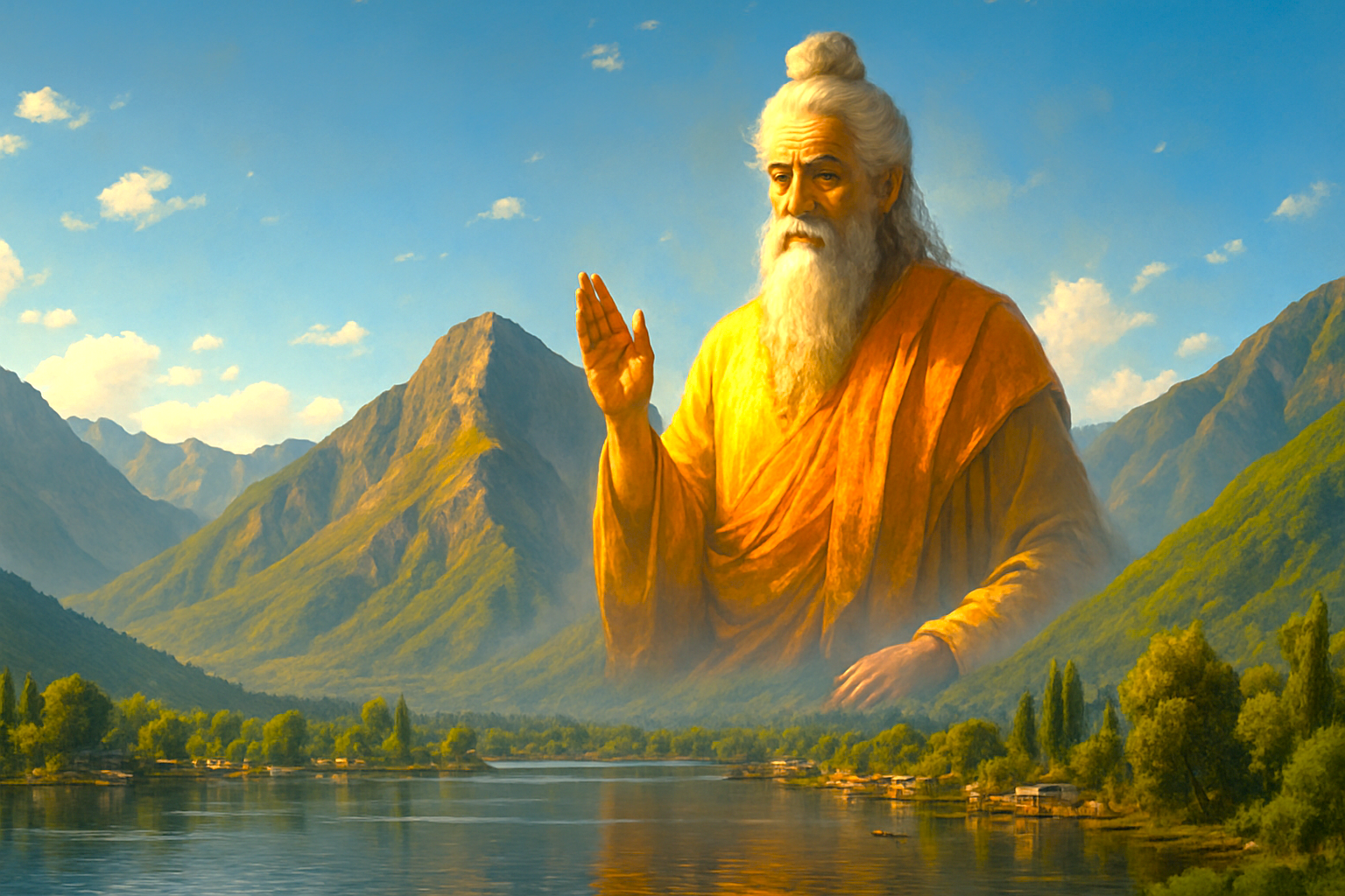A mystical depiction of an ancient sage blessing Dhal Lake in Srinagar, Jammu and Kashmir, a site near the Light and Sound show, saffron fields, Aru Valley, and Betaab Valley.