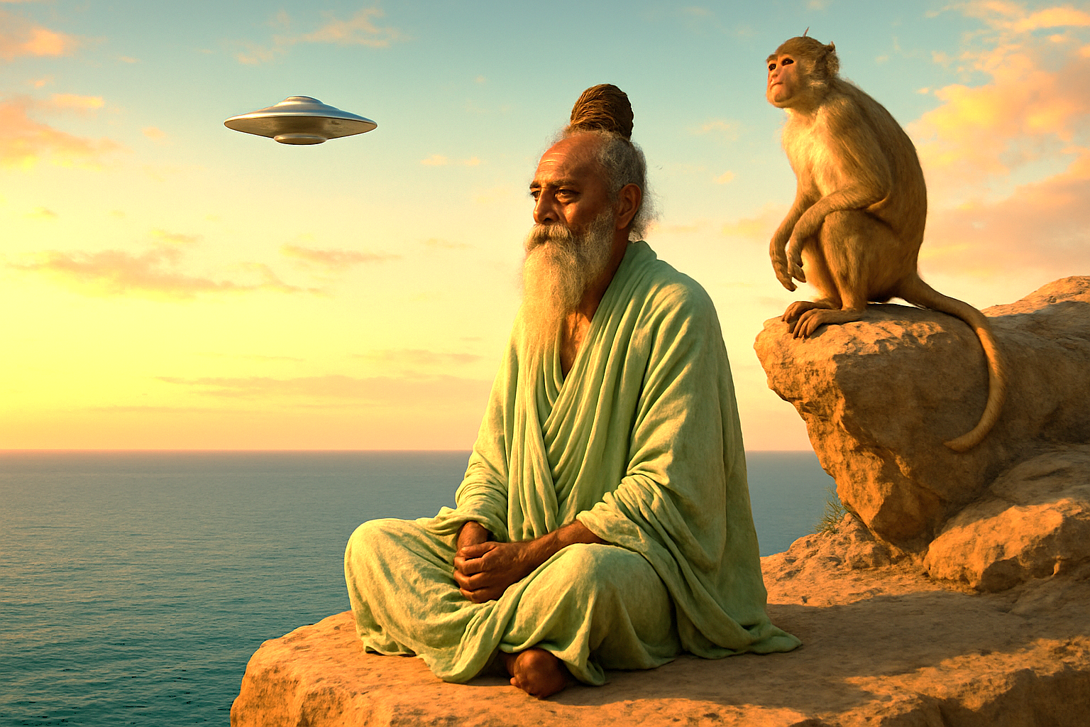 A surreal depiction of a sage and monkey overlooking Dhal Lake in Srinagar, Jammu and Kashmir, near the Light and Sound show, saffron fields, Aru Valley, and Betaab Valley.