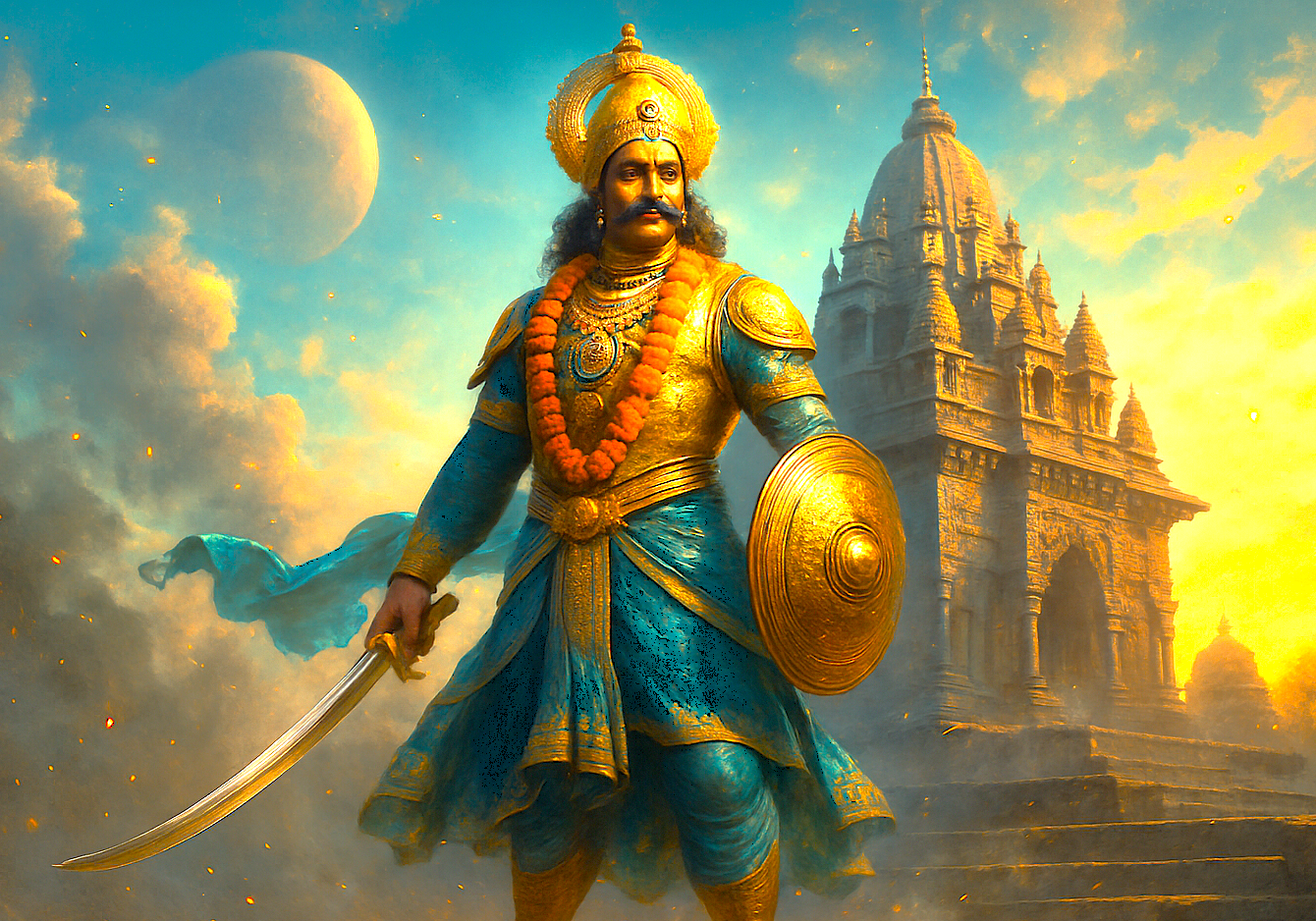 A majestic cinematic depiction of Lord Khandoba at Khandoba Temple near Daulatabad Fort in Aurangabad, Maharashtra, India, set against a vibrant sunset with UNESCO-listed Ajanta and Elora Caves in view.