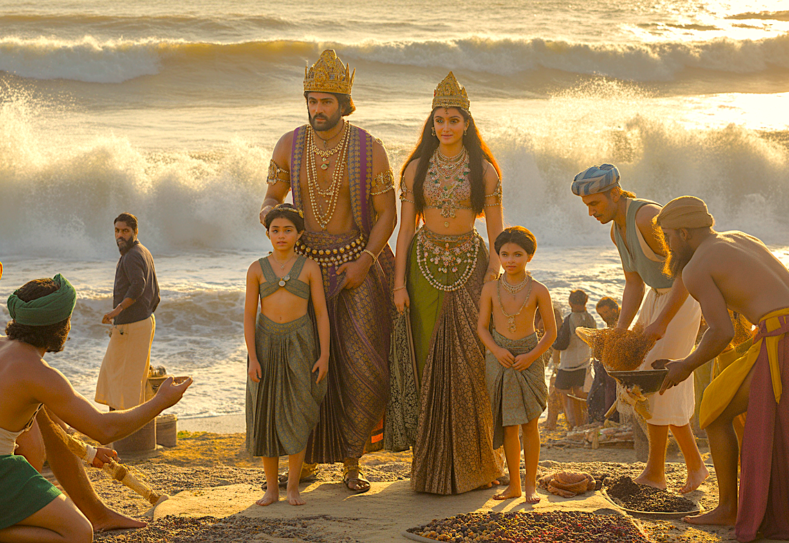  “Majestic Indian royal family stands on a Deccan Plateau beach in Karnataka bordering the UNESCO Western Ghats, adorned in traditional attire during a sunset ceremony, evoking dynastic mythology and heritage.”