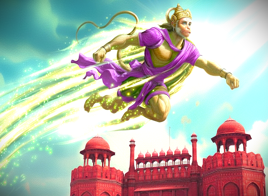 A powerful graphic depicts the Hindu god Hanuman flying over the iconic UNESCO Red Fort in Delhi, India, a key stop on tours that include Qutub Minar and Humayun's Tomb.