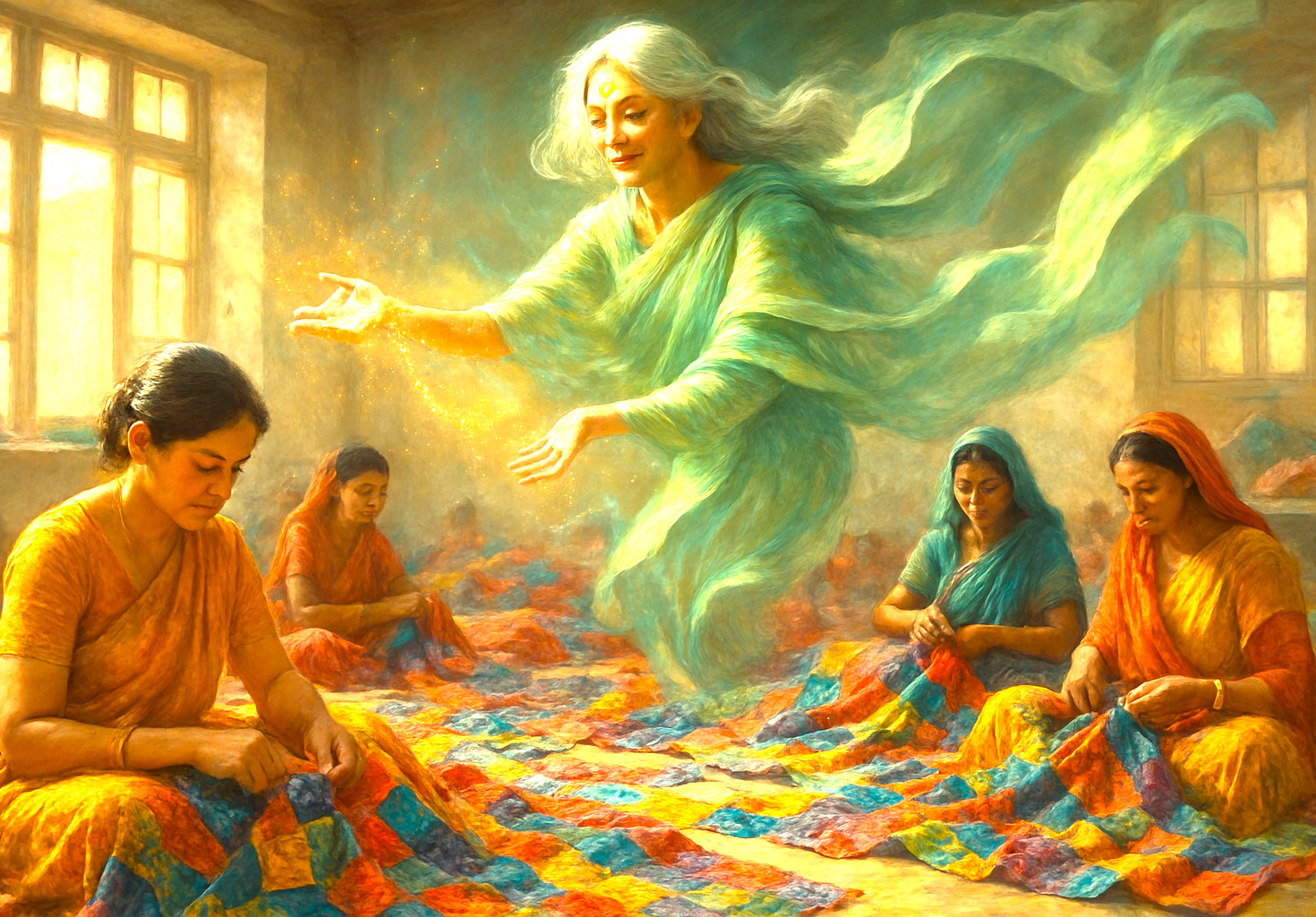 The spiritual essence of Delwara Handcrafts in Udaipur, near UNESCO-Jaipur, Rajasthan, India, is embodied by artisan women sewers creating vibrant, traditional textiles, preserving a rich cultural heritage.