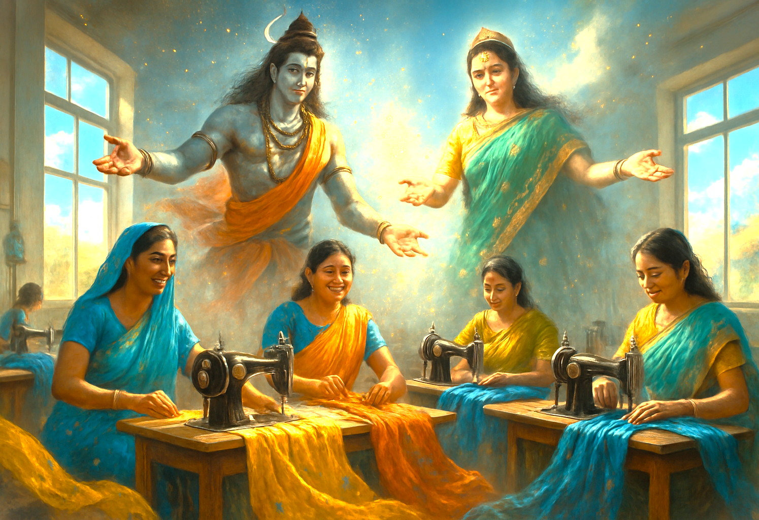 Hindu women sewing colorful textiles at Delwara Handcrafts, Udaipur, Rajasthan, India, blessed by a dramatic depiction of Shiva and Parvati above—empowering local artisans, uplifting communities, and overcoming hardship.