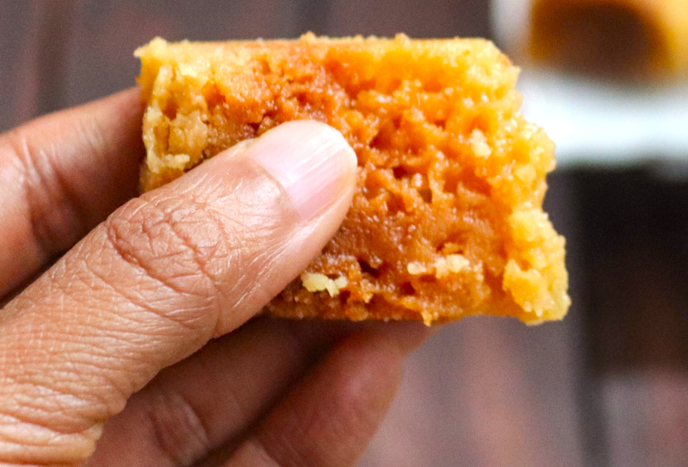 Textured view of a freshly cut Mysore Pak sweet in hand at Devaraja Market, Mysore, Karnataka, India.”