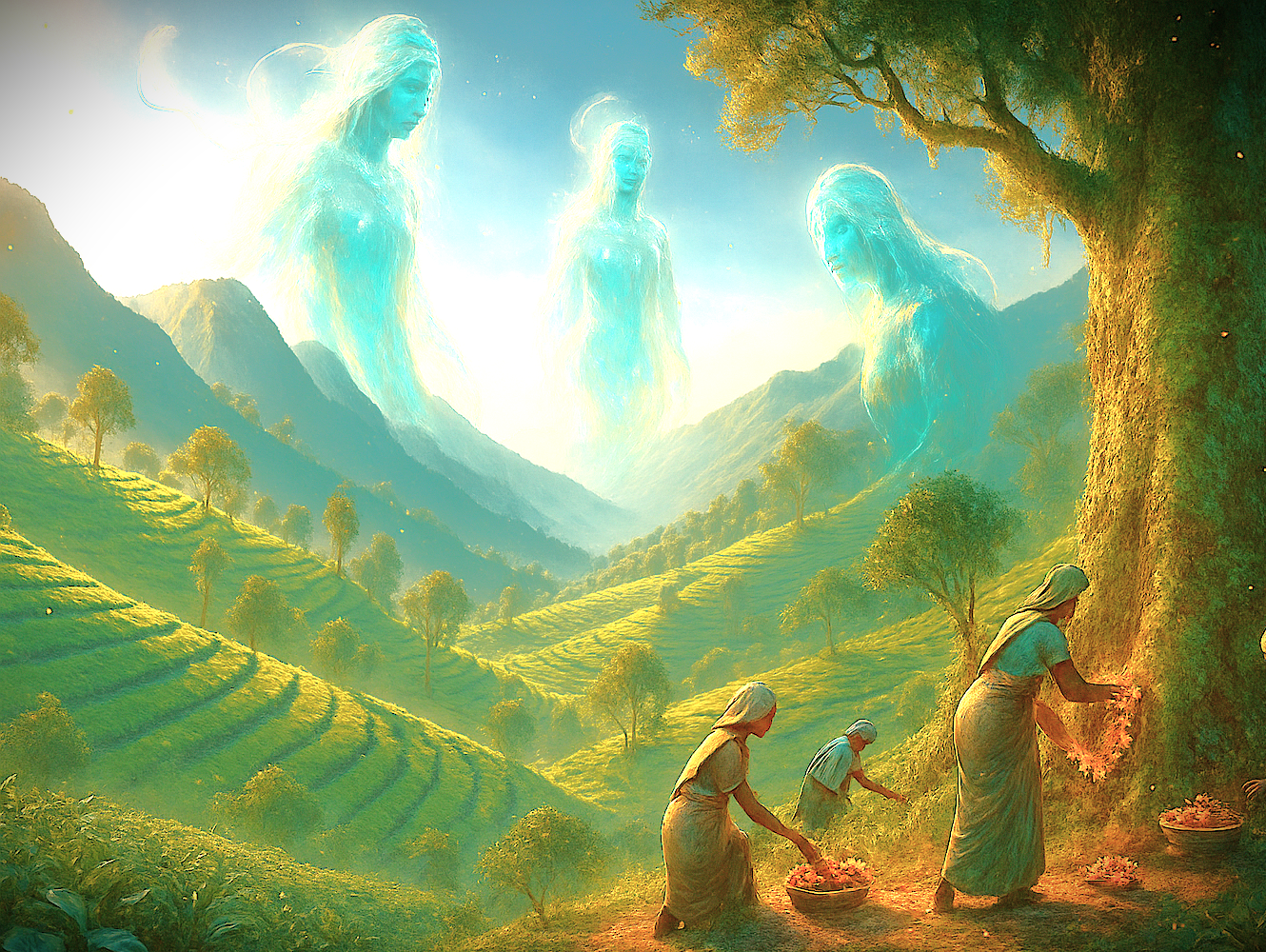 This mystical artwork illustrates the spiritual relationship between celestial guardians and the Dodabetta Tea Plantation in Ooty, a popular tourist destination in Kerala, India, near Munnar and the Unesco Western Ghats. This mystical artwork illustrates the spiritual relationship between celestial guardians and the Dodabetta Tea Plantation in Ooty, a popular tourist destination in Kerala, India, near Munnar and the Unesco Western Ghats.