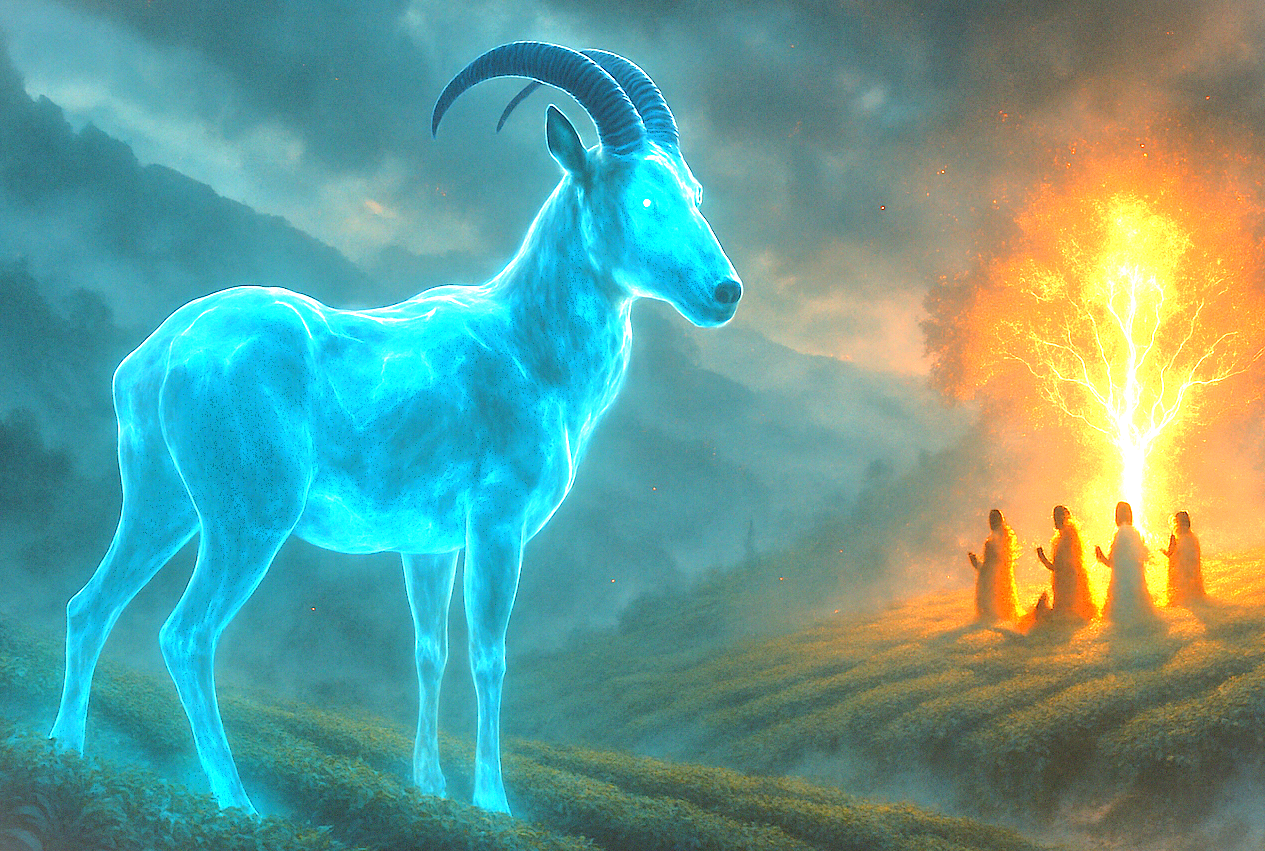 A fantasy image depicting the spiritual relationship between a mythical animal guardian and ancient rituals at the Dodabetta Tea Plantation in Ooty, Kerala, India, near Munnar and the Unesco Western Ghats. A fantasy image depicting the spiritual relationship between a mythical animal guardian and ancient rituals at the Dodabetta Tea Plantation in Ooty, Kerala, India, near Munnar and the Unesco Western Ghats.