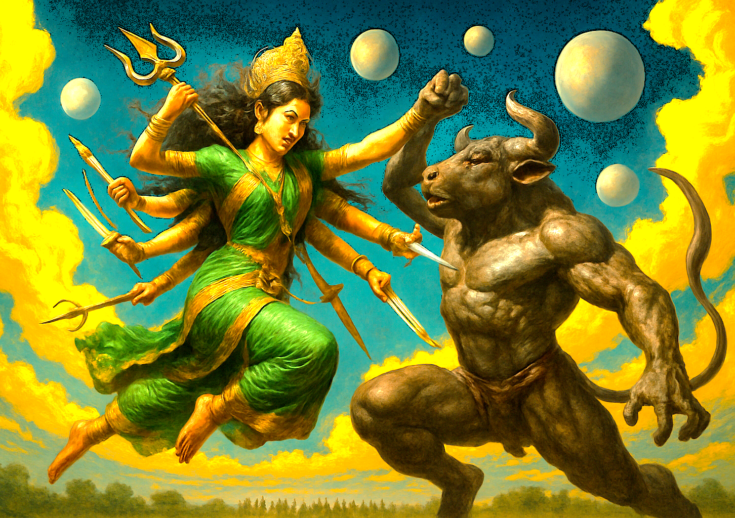 Vibrant art of Goddess Durga defeating the demon Mahishasura, a core legend of the Aihole Durga Temple, India, located near Badami and the Pattadakal UNESCO temples. Vibrant art of Goddess Durga defeating the demon Mahishasura, a core legend of the Aihole Durga Temple, India, located near Badami and the Pattadakal UNESCO temples.