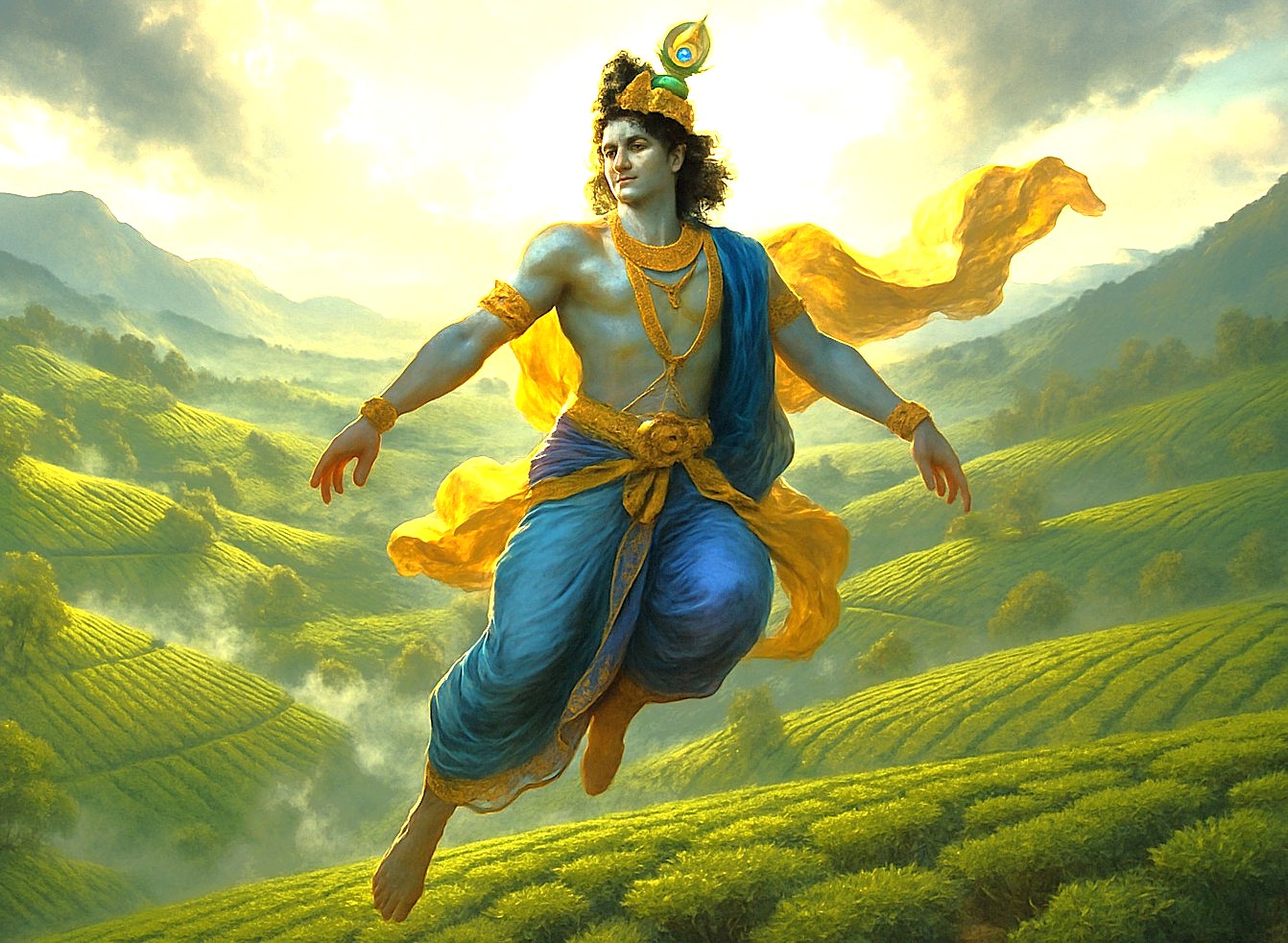 Mystical Lord Krishna glides above Punarjarni Village’s tea estates in Munnar, Kerala, Southern India, highlighting divine energy entwined with emerald hills and ancestral highland traditions. Mystical Lord Krishna glides above Punarjarni Village’s tea estates in Munnar, Kerala, Southern India, highlighting divine energy entwined with emerald hills and ancestral highland traditions.
