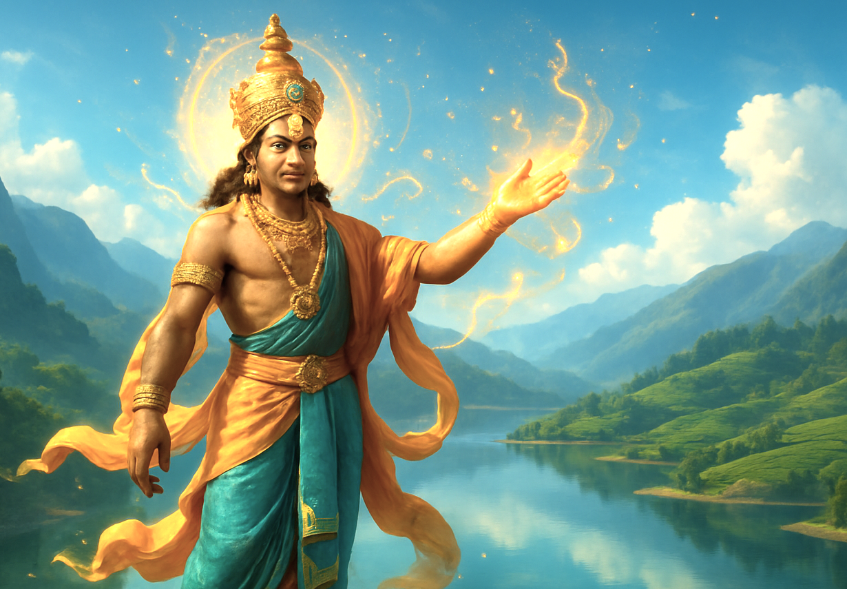 Majestic Lord Ayyappa stands atop Echo Point’s rocky cliff in Munnar, Kerala, Southern India, radiating divine purple-silver blessings against lush tea gardens and misty vistas. Majestic Lord Ayyappa stands atop Echo Point’s rocky cliff in Munnar, Kerala, Southern India, radiating divine purple-silver blessings against lush tea gardens and misty vistas.