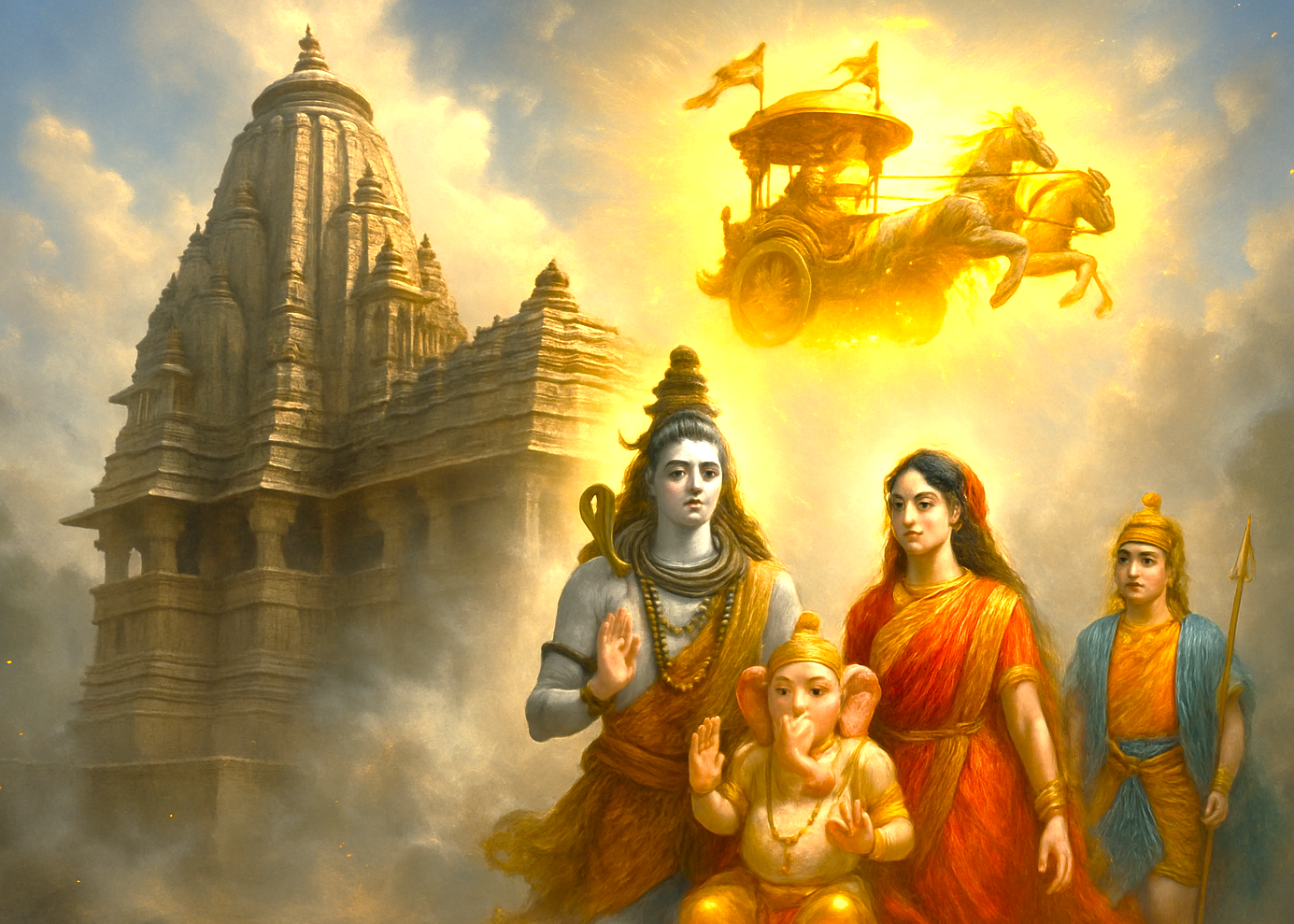 Epic mythological scene at Sri Elkingi Temple near Udaipur, Rajasthan, India, features full-body Lord Rama, Sita, Lakshmana, and baby Hanuman before a glowing chariot, divine architecture, cinematic light, spiritual atmosphere. Epic mythological scene at Sri Elkingi Temple near Udaipur, Rajasthan, India, features full-body Lord Rama, Sita, Lakshmana, and baby Hanuman before a glowing chariot, divine architecture, cinematic light, spiritual atmosphere.