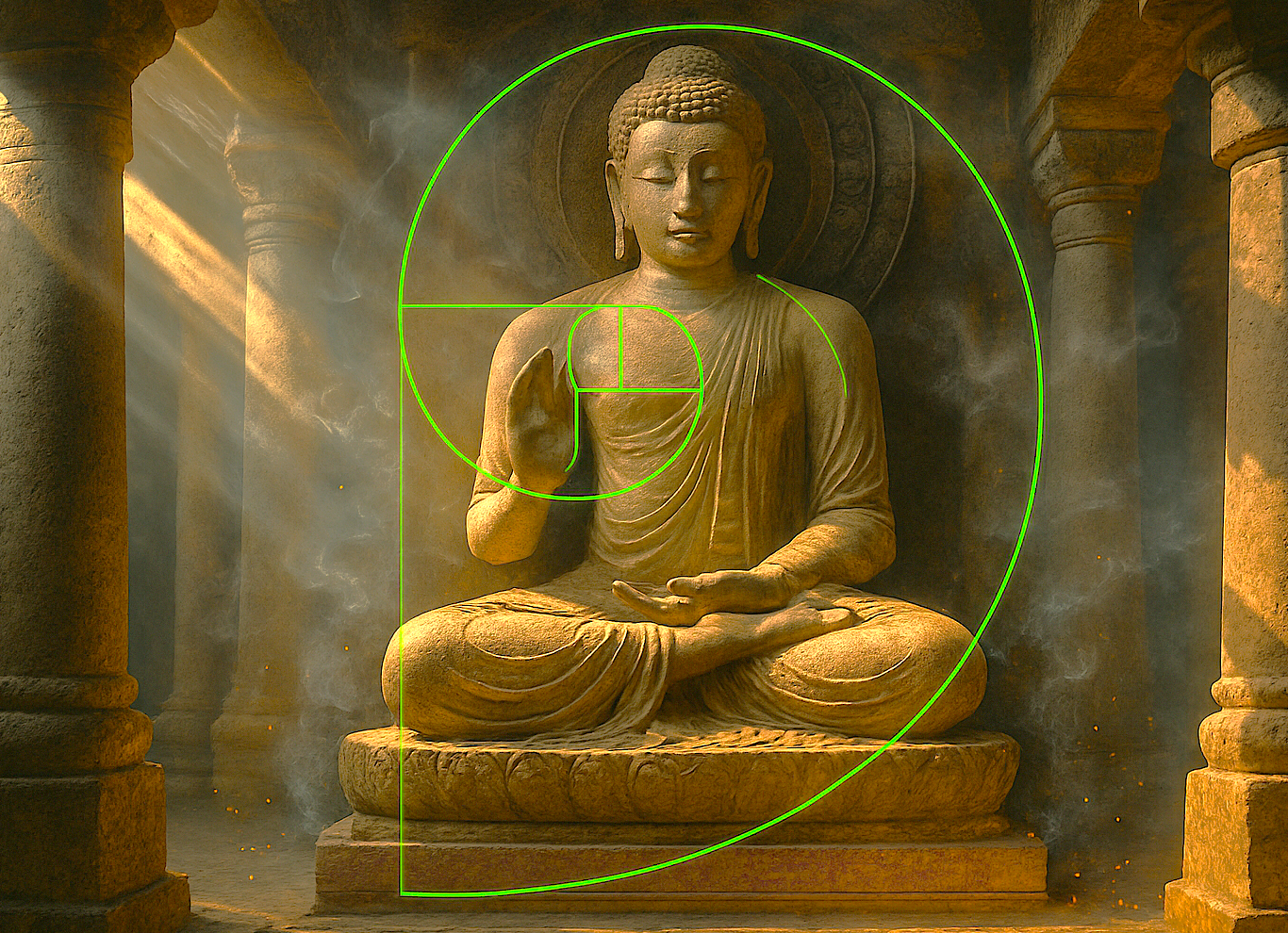 Inside UNESCO World Heritage Elora and Ajanta Caves near Aurangabad, Maharashtra, India, a Buddha statue illuminated by sunlight stands adorned with a vibrant green Fibonacci spiral overlay symbolizing divine harmony.