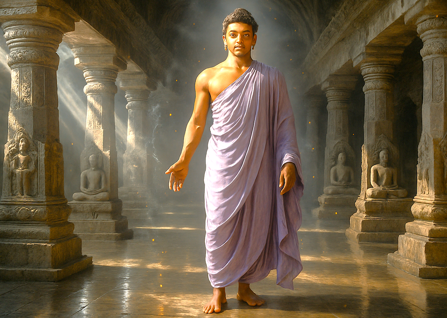  Tan-skinned modern Buddha statue clad in flowing lavender robes stands inside UNESCO Ellora Caves shrine near Aurangabad, Maharashtra, India, illuminated by sunlight beams reflecting off carved basalt pillars and sculptures.