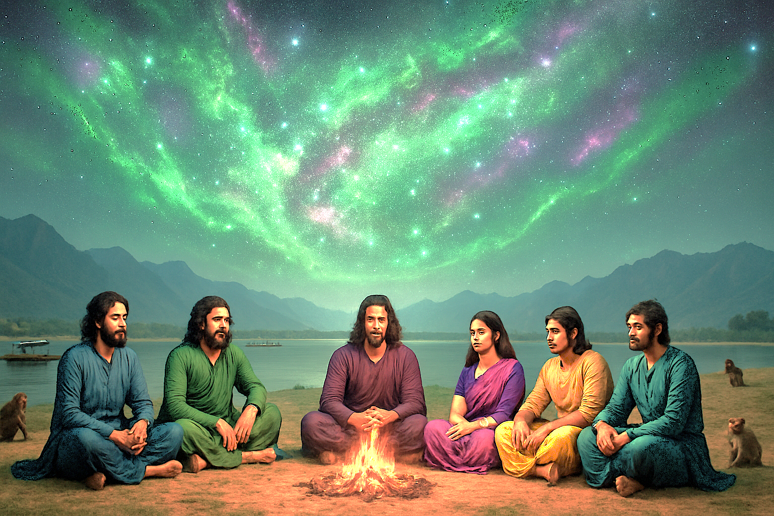 A magical depiction of the Pandavas, whose mythological blessings on Dal Lake are linked to the Floating Market in Srinagar, Jammu and Kashmir, India.