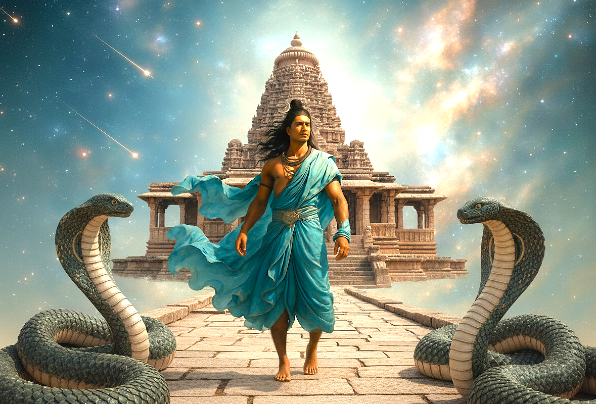 A stylized mythological depiction of Lord Shiva and Nagas at the Aihole-Galagantha Temple, India, a key heritage site near Badami and the Pattadakal UNESCO temples. A stylized mythological depiction of Lord Shiva and Nagas at the Aihole-Galagantha Temple, India, a key heritage site near Badami and the Pattadakal UNESCO temples.