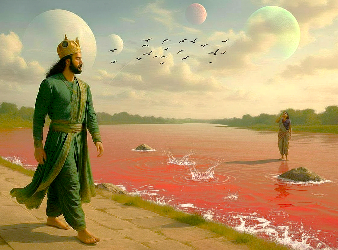 Stylized art depicting the "Ayyo, hole!" legend with its red river at Aihole-Galagantha Temple, India, a heritage site near Badami and the Pattadakal UNESCO temples. Stylized art depicting the "Ayyo, hole!" legend with its red river at Aihole-Galagantha Temple, India, a heritage site near Badami and the Pattadakal UNESCO temples.