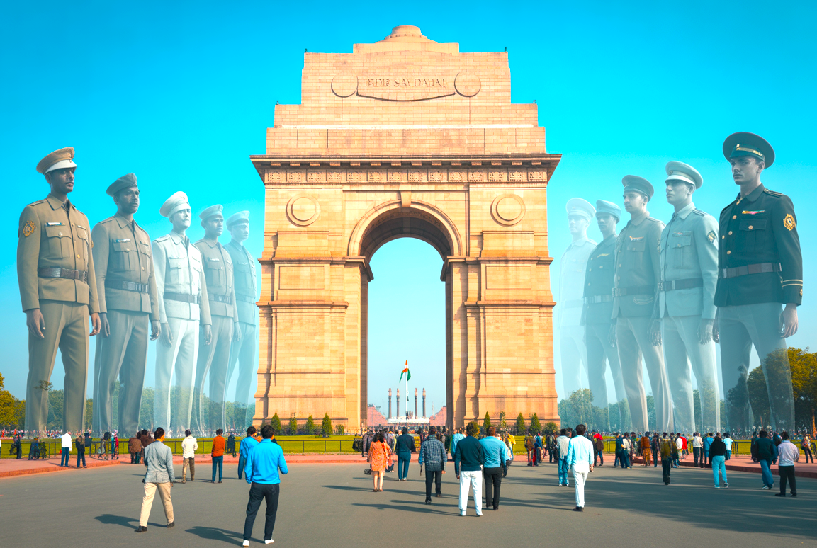 A striking artistic graphic of India Gate in Delhi, India, with ethereal soldiers honoring the fallen, a prominent war memorial near UNESCO sites like the Red Fort and Humayun's Tomb. A striking artistic graphic of India Gate in Delhi, India, with ethereal soldiers honoring the fallen, a prominent war memorial near UNESCO sites like the Red Fort and Humayun's Tomb.