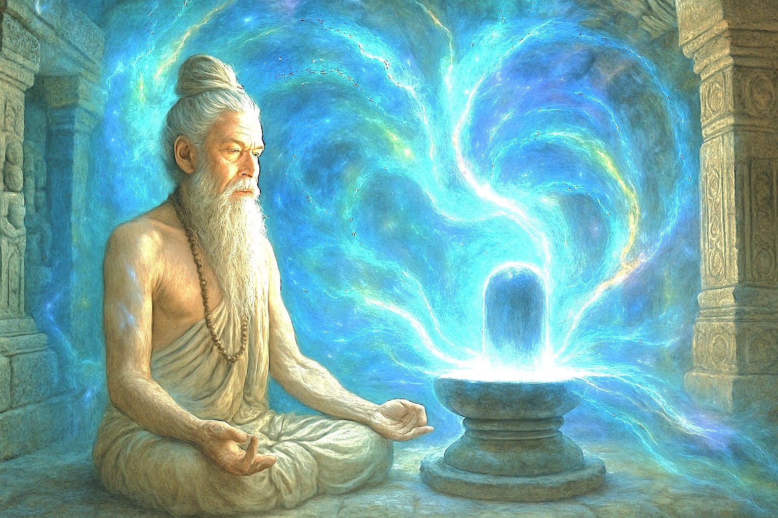 Ancient yogi meditates before glowing Shiva lingam in Gavipiuram Cave Temple, Bangalore Karnataka, India, serene cosmic energy swirling within historic stone cave shrine, spiritual sanctuary. Ancient yogi meditates before glowing Shiva lingam in Gavipiuram Cave Temple, Bangalore Karnataka, India, serene cosmic energy swirling within historic stone cave shrine, spiritual sanctuary.
