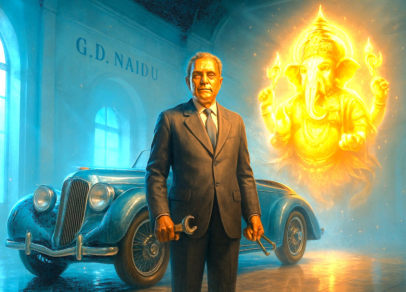 An artistic tribute to G.D. Naidu, founder of the famous Geedee Car Museum in Coimbatore, Tamil Nadu, India. This popular attraction, featuring vintage cars and innovation, is a must-visit for tourists traveling to nearby hill stations like Kodaikanal and Ooty. An artistic tribute to G.D. Naidu, founder of the famous Geedee Car Museum in Coimbatore, Tamil Nadu, India. This popular attraction, featuring vintage cars and innovation, is a must-visit for tourists traveling to nearby hill stations like Kodaikanal and Ooty.