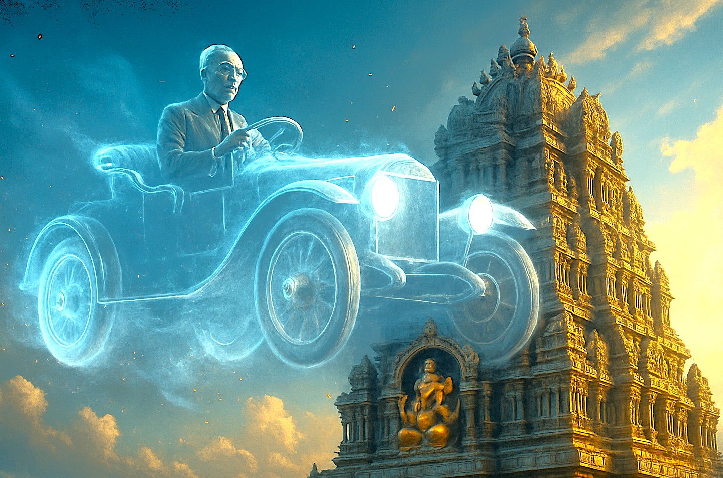 Ghostly automobile driven by G.D. Naidu floats above Ganesh temple near the Gee Dee Car Museum in Coimbatore, Tamil Nadu, India, showcasing surreal technospiritual design. Ghostly automobile driven by G.D. Naidu floats above Ganesh temple near the Gee Dee Car Museum in Coimbatore, Tamil Nadu, India, showcasing surreal technospiritual design.