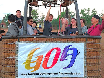 Tourists enjoy Hot air ballooning Goa, a popular attraction in India supported by the Goa Tourism Development Corporation, complementing visits to the Goa Flea Market and beaches, Fontainhas Portuguese French Quarter, and Old Goa-Bom Jesus Bassilica-Unesco churches. Tourists enjoy Hot air ballooning Goa, a popular attraction in India supported by the Goa Tourism Development Corporation, complementing visits to the Goa Flea Market and beaches, Fontainhas Portuguese French Quarter, and Old Goa-Bom Jesus Bassilica-Unesco churches.