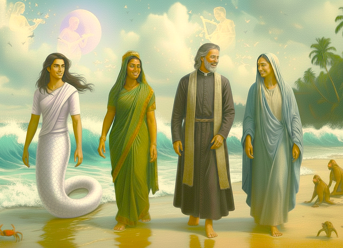 An artistic depiction of Hindu and Christian deities walking together on the famous Goa Beaches, India, a popular region near Karnataka and the Old Goa St. Francis Church UNESCO churches. An artistic depiction of Hindu and Christian deities walking together on the famous Goa Beaches, India, a popular region near Karnataka and the Old Goa St. Francis Church UNESCO churches.