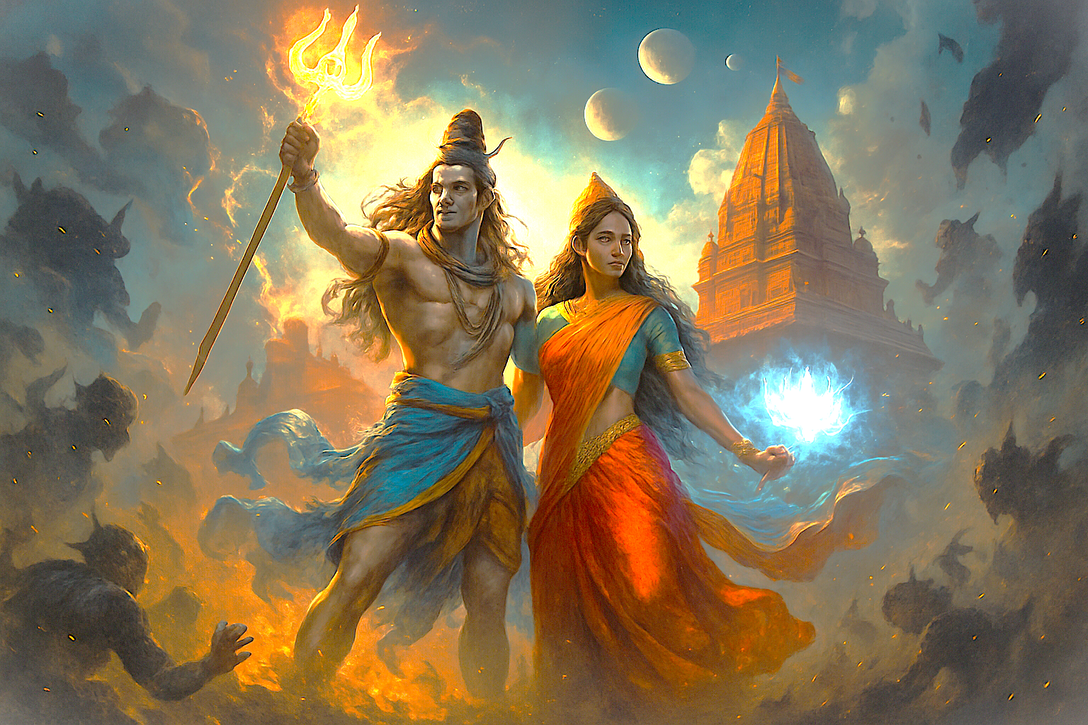 Vibrant depiction of Shiva and Parvati at Grishneshwar Temple in Aurangabad, Maharashtra, India, a UNESCO World Heritage site near Ellora and Ajanta Caves, highlighting sacred Hindu mythology and architectural splendor.