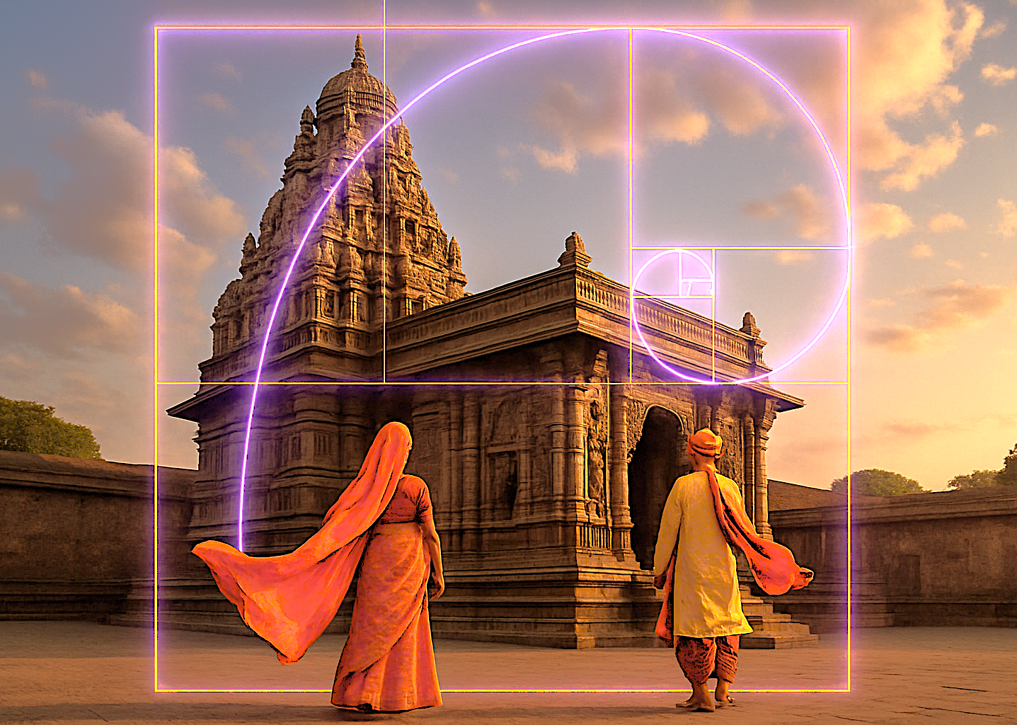  cinematic scene at Grishneshwar Temple in Aurangabad, Maharashtra, India overlays bold purple golden-ratio geometry, highlighting UNESCO Ellora and Ajanta Caves heritage, flowing garments capturing devotional harmony and architectural precision.