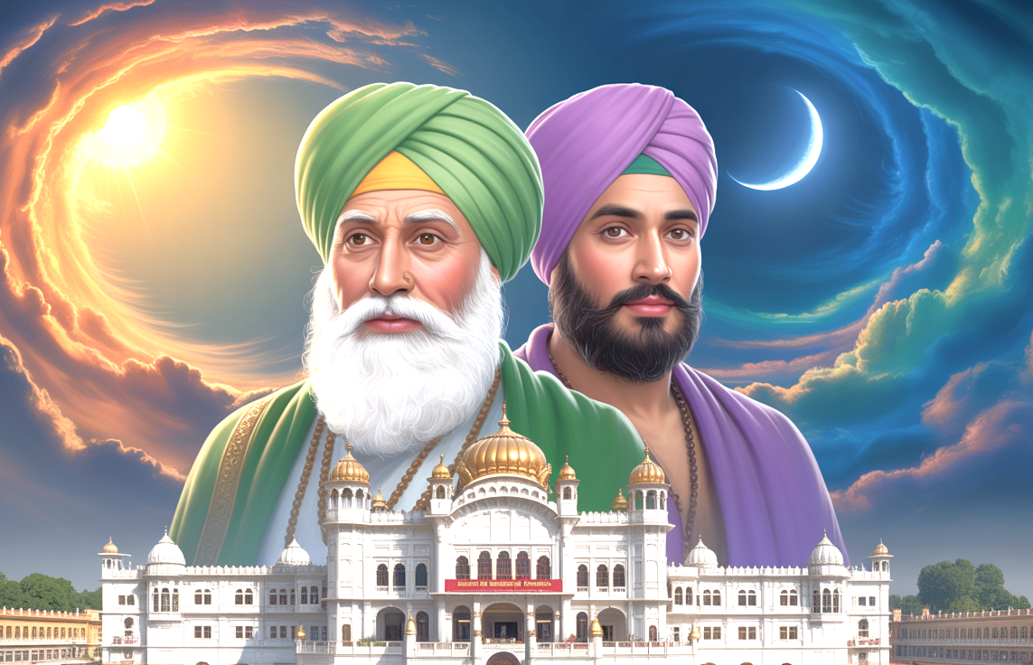 In India’s New Delhi, majestic Gurudwara Bangla Sahib Sikh Temple stands beneath ethereal depictions of Guru Nanak Dev Ji and Guru Har Krishan Ji, symbolizing divine presence, unity, spirituality, heritage. In India’s New Delhi, majestic Gurudwara Bangla Sahib Sikh Temple stands beneath ethereal depictions of Guru Nanak Dev Ji and Guru Har Krishan Ji, symbolizing divine presence, unity, spirituality, heritage.