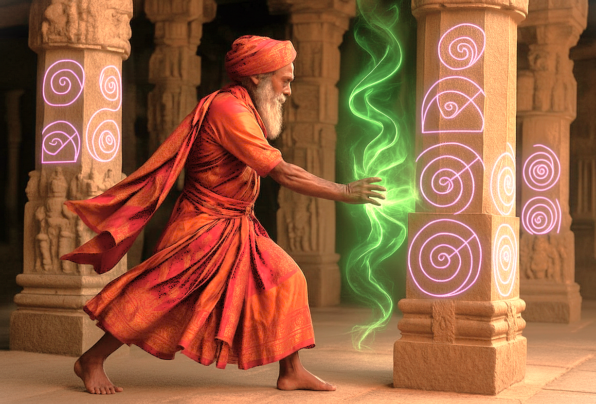 A fantasy depiction of the musical pillars' acoustic magic at the Vittala Temple in Hampi, Karnataka, India—a UNESCO site near other monuments like the Elephant Stables.