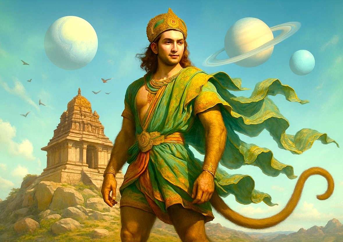 A fantasy depiction of Lord Hanuman at his birthplace in Hampi, Karnataka, India—a UNESCO site with famous landmarks like the Vittala Temple and the historic Elephant Stables.